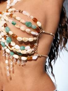 Swim EVENT 1 pieza Collar con cadena de metal hueco con cuentas, Top calada con colgante de perlas y cristal, conjunto de traje de baño sexy