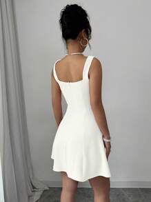 Rafferiza Women Solid Color Contrast Panel Wide Strap Studded Casual Dress - Beige - View 2