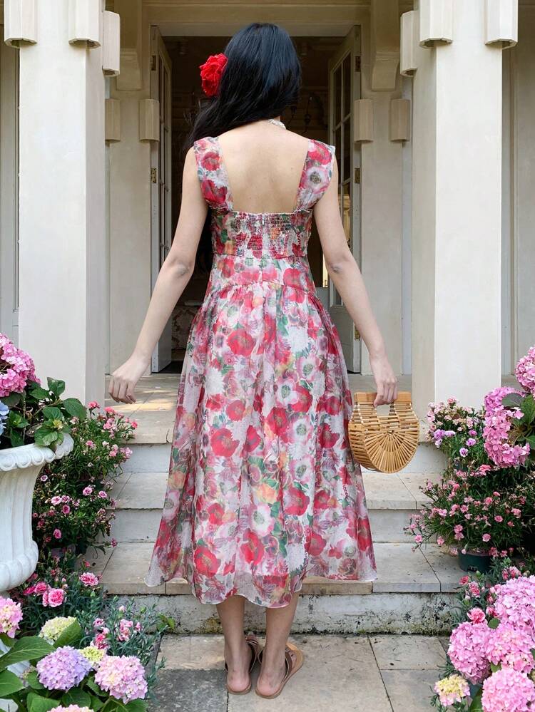 Floral Print Square Neck Sleeveless Pleated Mid-Calf Dress For Women Dress Boho