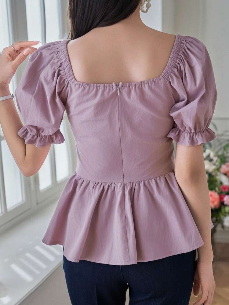 Solid Color Square Collar Puff Sleeve Pleated Women Blouse Babydoll Top