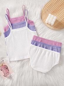 SHEIN 3pcs/Set Young Girl Casual Ribbed Knit Camisole Top And Triangle Shorts Set - White - View 2