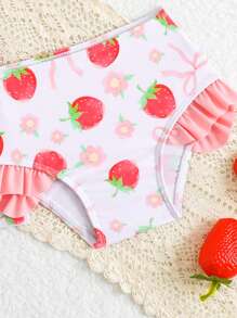 Baby Girl Tropical Leaf Print Tankini Swimsuit 3 Pieces Set With Rash Guard And Skirt - Coral Pink - View 5