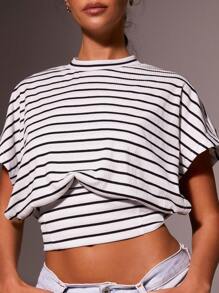 Athîral 女士圆领条纹短袖T恤，夏季时尚 - 彩色 - 查看 1