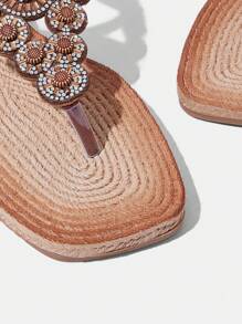 Styleloop Women's Flat Sandals With Rhinestone Sunflower Beaded Thong Strap Low Heel - Brown - View 10