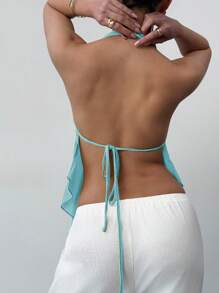 Aloruh Sexy Halter Backless Metal Buckle Deep V Asymmetrical Hem Fitted Tank Top, Women, Spring/Summer - Blue - View 2
