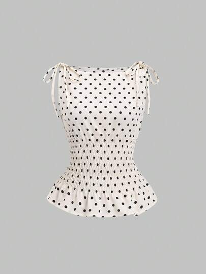 Sweetra Women's Elegant Dotted Bow Tied Shoulder Shirred Waist Slim Fit Casual Daily Commute Versatile Tank Top, Spring/Summer Polka Dot Polka Dots