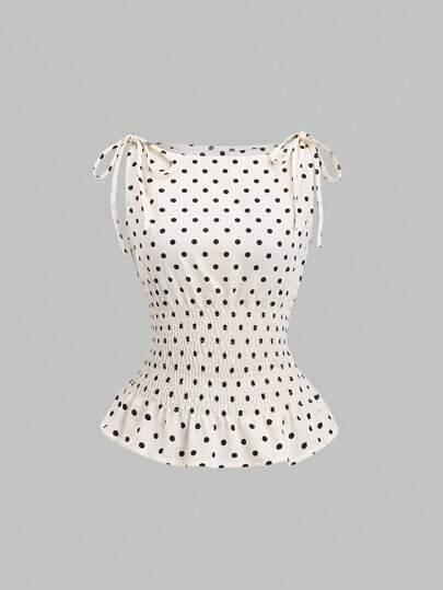 Sweetra Women's Elegant Dotted Bow Tied Shoulder Waist Drawstring Slim Fit Casual Daily Commute Versatile Tank Top, Spring/Summer