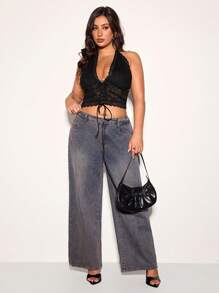 SHEIN BAE 大码女式优雅性感蕾丝拼布 V 领细肩带露背吊带背心，基本款弹力针织修身短款上衣，Y2K 风格，露背上衣，夏季上衣，大码上衣，Y2k 上衣，可爱夏季上衣，露背上衣，性感上衣，沙滩上衣，曲线加大上衣，V 领上衣，乐队 T 恤，女式街头服饰，黑色紧身胸衣，沙滩女装，毕业 - 黑色 - 查看 5