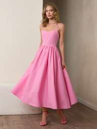 CLARA VERO Vestito midi in cotone ispirato al vintage con corpino aderente, spalline sottili e scollo a cuore, gonna a ruota stile vintage per feste estive, silhouette da abito da ballo, collezione romantica, per eventi eleganti nel giardino, abito da sera, design ispirato alla moda 2K, collezione boho