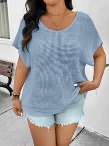 SHEIN Frenchy Plus Size Casual Holiday Lace Patchwork Solid Color T-Shirt, Summer - Blue - View 2