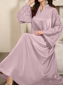 SHEIN Najma 勃艮第红色女式 V 领喇叭袖仿珍珠装饰优雅阿拉伯连衣裙，优雅端庄的华丽束腰外衣阿拉伯长袍，适合晚会/日常休闲 - 紫色 - 查看 5