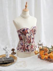SHEIN MOD Corpiño corto sexy con estampado floral retro, blusas de verano, tops tipo corsé, blusas retro, corsés de verano, blusas para fiestas - Morado - Ver 3