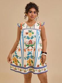 Travachic Plus Size Women Casual Summer Tropical Floral Print Colorful Ruffle V-Neck Loose Mini Dress - Multicolor - View 5