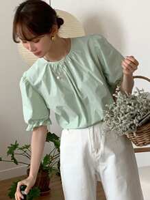 DAZY Women's Solid Color Puff Sleeve Tie Front Loose Fit Short Sleeve Mint Green Blouse, Spring/Summer - Mint Green - View 6