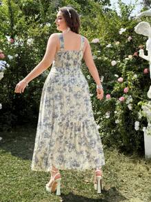 Lyrianda Plus Size Women Vintage Blue Ditsy Floral Top And Midi Skirt Set, Suitable For Vacation And Outdoor