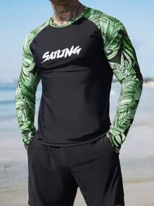 Manfinity Swimmode 2pcs Men's Letter Print Raglan Sleeve Swimwear Set: Long Sleeve Top And Shorts - Black - View 7