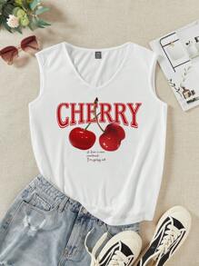 EMERY ROSE Plus Size Women Cherry Pattern V-Neck Sleeveless Top, Slightly Sheer Suitable For Summer - White - View 4