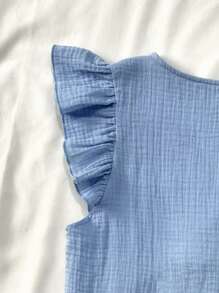 SHEIN Conjunto de top con chaleco de cárdigan con volantes y lazos y shorts de línea A con cintura con lazo, de color azul texturizado, suave y amigable con la piel, para adolescentes, ropa de verano, atuendos de vacaciones, atuendos de playa, ropa de estar en casa, vacaciones en el campo