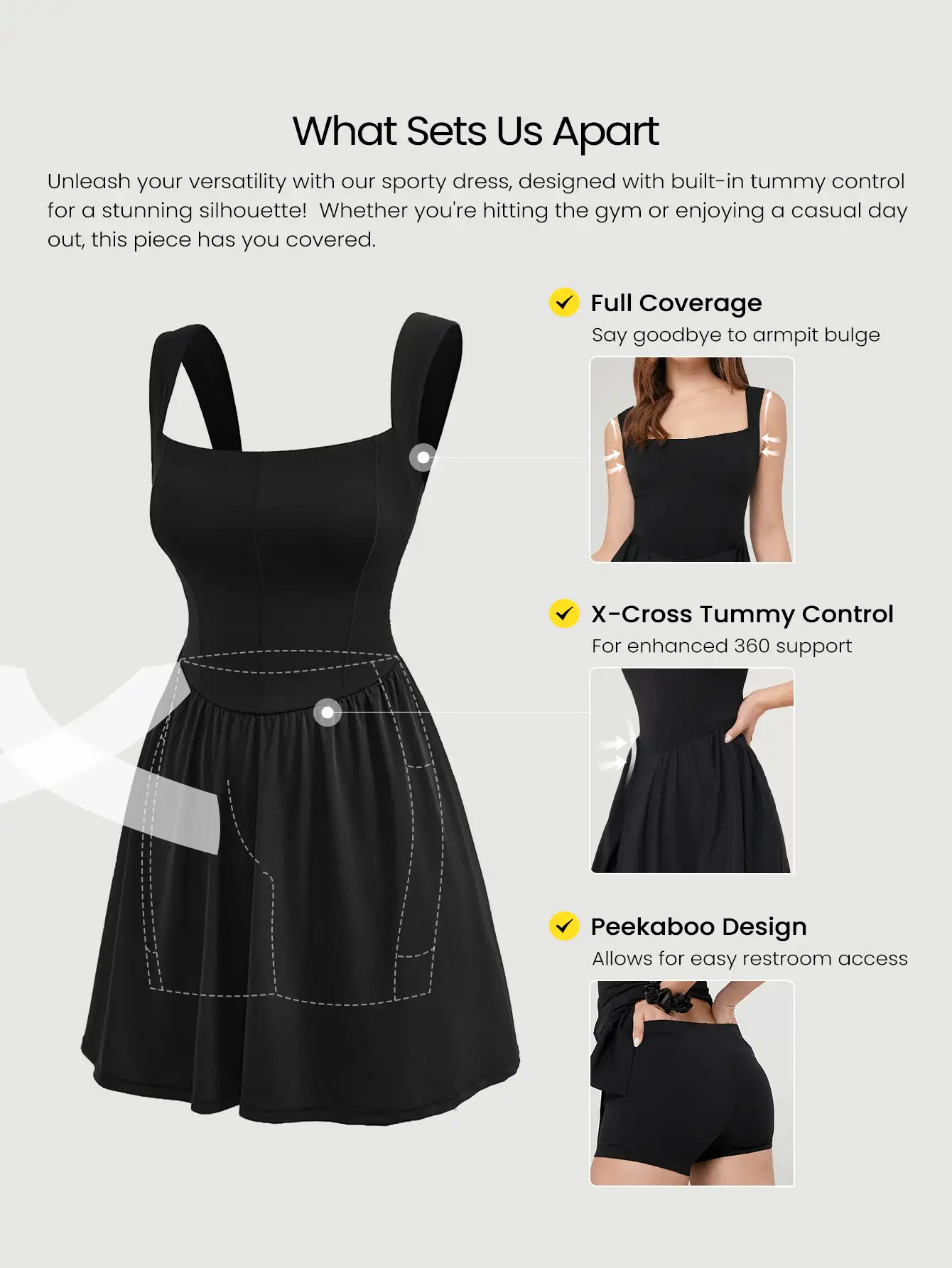 GLOWMODE FeatherFit™-Air Game On, thấm mồ hôi, nhanh khô, váy bó sát nách Peekaboo có quần short tích hợp, túi bên hông, tay cầm chống trượt, tác động thấp, chơi quần vợt, chơi golf, chơi bóng chày, mặc hàng ngày, có thể tháo rời cúp ngực - màu đen - Xem 2