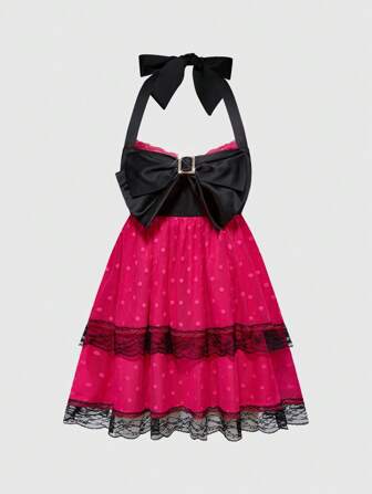 Kawaii Vestido mini con lazo y dobladillo con volantes oversize estilo Harajuku Y2K para mujeres