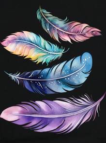 INAWLY Women's Casual Round Neck Short Sleeve Feather Print T-Shirt - Black - View 5