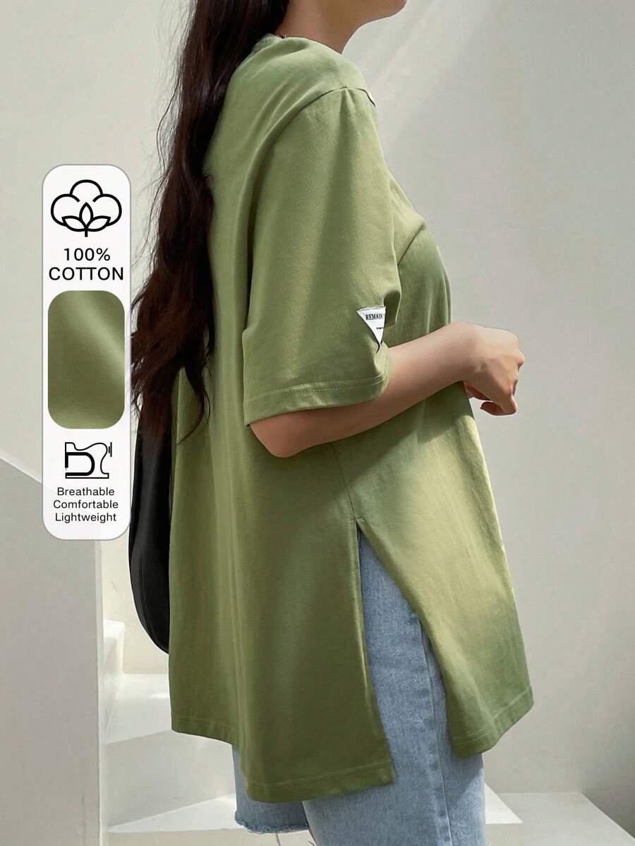 Dazy-Less Letter Patched Detail Split Hem Drop Shoulder Tee Old Money Style Oversized T-Shirt Business Casual Woman Work Clothes - Olive Green - View 1