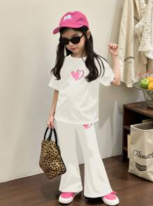 SHEIN Tween Girls Casual Basic Short Sleeve Top And Pants 2 Pieces Set, Suitable For Summer - Beige - View 5