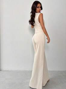 Firerie Conjunto elegante de 2 piezas de camisa asimétrica sin mangas con botones metálicos delanteros abiertos y pantalones de pierna ancha para uso en festivales, oficina y uso diario, en color albaricoque que estiliza y alarga