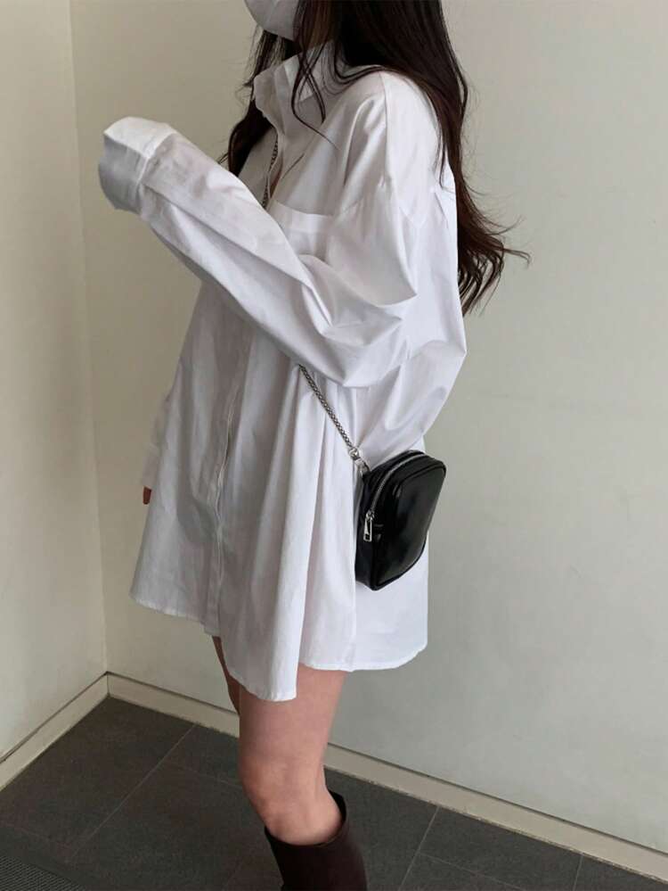 Women's Loose Pocket Long Length Shirt, Solid White, Spring/Autumn Preppy Tops,Fall Women Clothes Long Sleeve Top