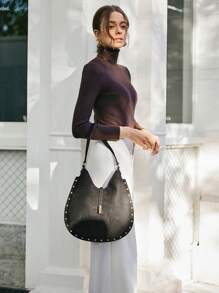 SHECARRY Women's Fashion Versatile Rivet Decor Shoulder Bag - Black - View 5