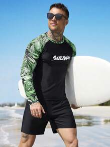 Manfinity Swimmode 2pcs Men's Letter Print Raglan Sleeve Swimwear Set: Long Sleeve Top And Shorts - Black - View 1