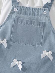 SHEIN 女婴休闲荷叶边领上衣和水洗牛仔围兜裙 2 件套服装，适合家庭聚会，春季/秋季 - 彩色 - 查看 5