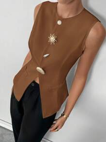SHEIN Essnce Fashionable Sleeveless Metal Buckle Top For Commuting, Summer - Coffee Brown - View 2