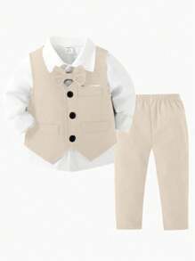 SHEIN 2pcs/Set Gentleman's Formal Wear Including Plain Weave Vest And Trousers, Leisurely Elegant Style Suitable For Birthday Party, Evening Party, Performance, Wedding - Apricot - View 1