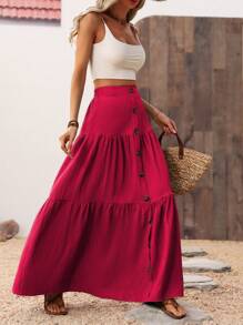 Breezaya Solid Color Front Button Maxi Skirt Vacation Beach Fall Cloth For Women - Red - View 1