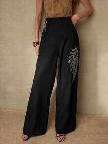 MOTF PREMIUM RHINESTONE WIDE LEG PANTS - Black - View 3