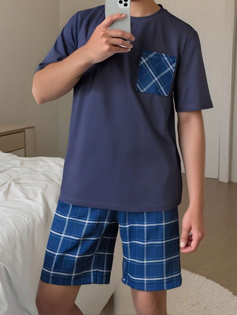 SHEIN Leap Crew Teen Boys Simple Plaid Print Pockets Round Neck Short Sleeve Shorts Loose Casual Knit Pajama Set, 2 Pieces - Blue - View 1