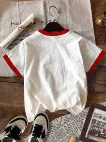 SHEIN Leap Crew 可爱甜美格子樱桃与蝴蝶结图案拼色青少年女孩休闲圆领短袖 T 恤，适合夏季 - 彩色 - 查看 3