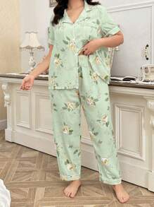 CottageSlumber Plus Size Ruffle Floral Print Elegant Sleepwear Set, Open Front Short Sleeve Top And Long Pants, Suitable For All Seasons, Outfits Cozy And Elegant Details - Green - View 3