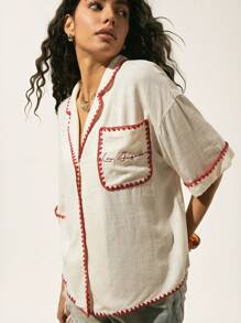 Easelle Apricot Woven Women's Short-Sleeved Shirt, Simple And Fashionable Design, Suitable For Summer Embroidery Style Boho Beach Style  Vacation Graphics Woman T Shirts