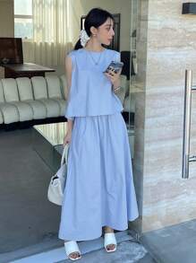 DAZY 2pcs/Set Women Solid Color Tank Top & Skirt, Business Casual