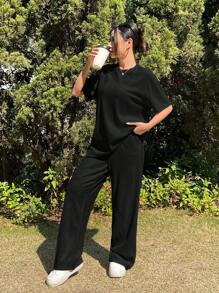 SHEIN EZwear Knit Texture Loose T-Shirt And Pants Set, Summer Casual Outfits Festival - Black - View 4