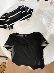 Comfortcana Set 3 Potong Kaos Lengan Pendek Kerah Bulat Hitam & Putih Dasar untuk Wanita - Hitam - View 6