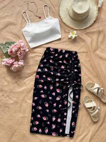 Soleia 2 件套女式碎花白色针织吊带上衣和栗色心形图案抽绳系带开叉半身裙套装，适合邮轮、海滩度假、复活节、约会 - 彩色 - 查看 5