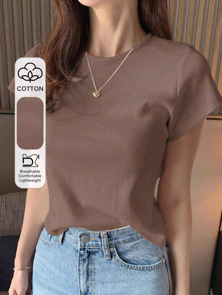 1pc Women's Plain Crew Neck Short Sleeve Basic White T-Shirt, Spring/Summer,Business Casual Women