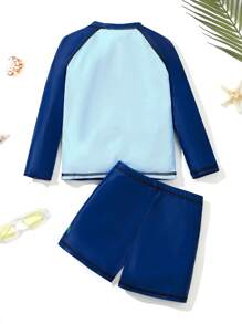 SHEIN 1 Piece Young Boys Casual Collegiate Stylish Practical Versatile Cute Soft Comfortable Cartoon Shark Print Swimming Suit, Suitable For Holiday, Spring/Summer, Beach, Surfing - Multicolor - View 2