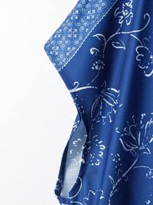EMERY ROSE Plus Size Raglan Sleeves Combination Pattern Positioning Print Hem Split Design Notch V Neck Women's Tunic Shirt Country Casual Holiday Bohemian Suitable For Spring And Summer Loose Fit
