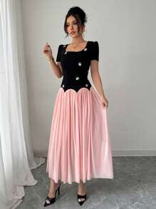Selianne Damen Vintage Kontrast Patchwork Kleid, französischer Stil elegantes langes Kleid, einzigartiges Design, hochwertiges Gelegenheitskleid für den Sommer - Schwarz - Übersicht 8