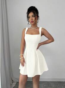 Rafferiza Women Solid Color Contrast Panel Wide Strap Studded Casual Dress - Beige - View 3