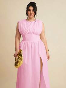 SHEIN BAE New Solid Color Plus Size Sleeveless Waist Cinched Long Maxi Slit Dress, Spring/Summer,Birthday Dresses For Women - Baby Pink - View 6